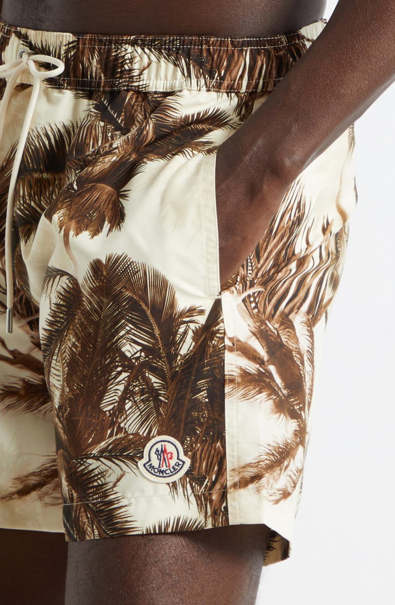 Moncler Palm Print Swim Trunks, Alternate, color, Beige