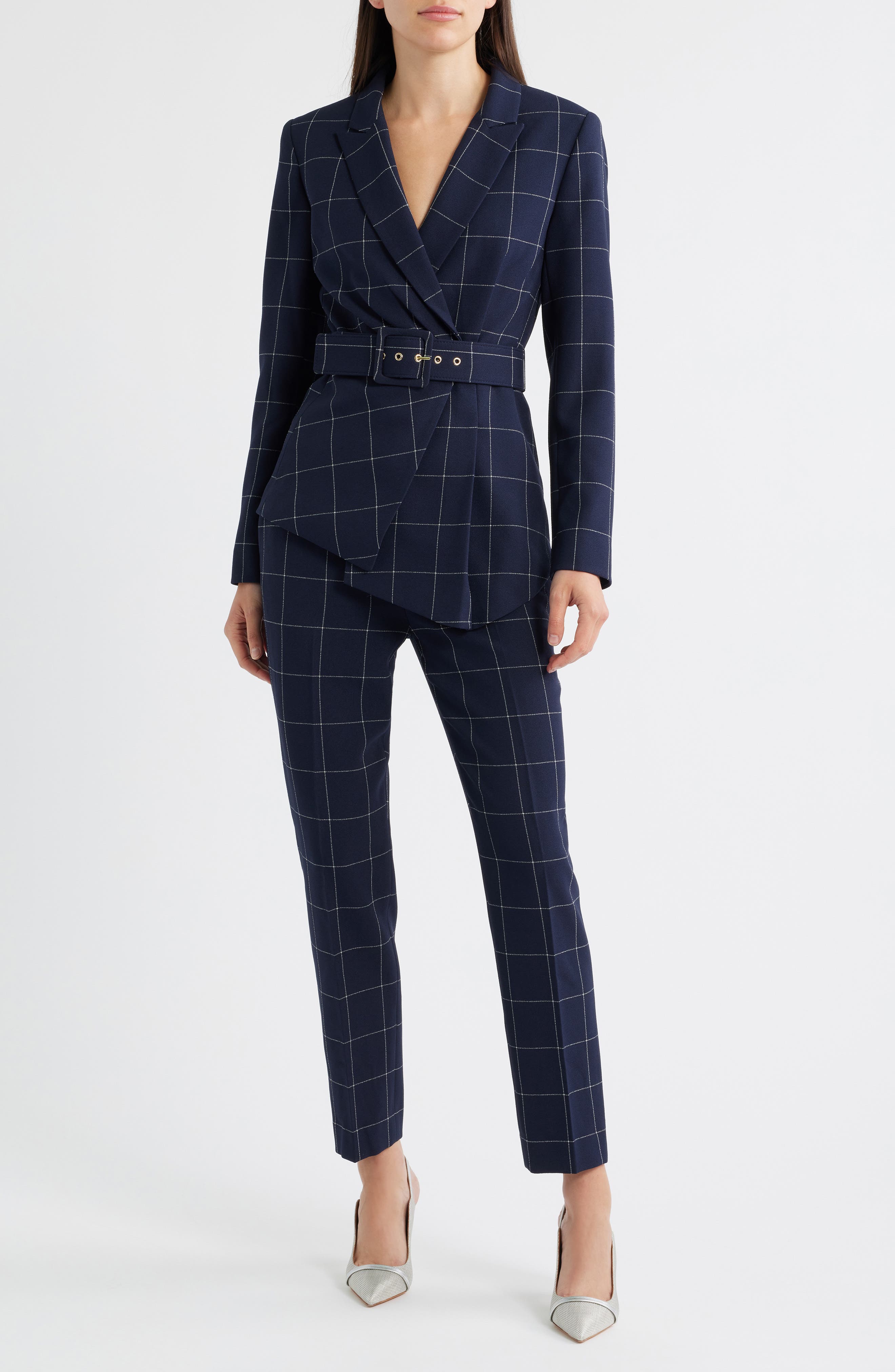 Tahari ASL Windowpane Check Belted Blazer & Pants Set