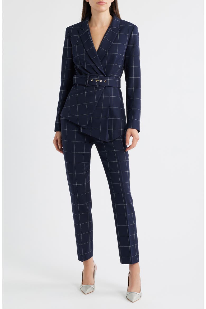 Windowpane Check Belted Blazer & Pants Set, Main, color, NAVY IVORY