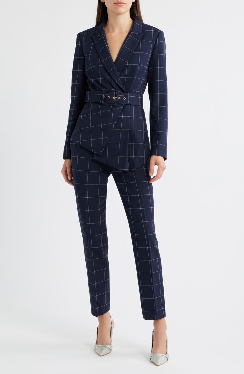 Tahari ASL Windowpane Check Belted Blazer & Pants Set, Main, color, Navy Ivory