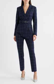 Tahari ASL Windowpane Check Belted Blazer & Pants Set