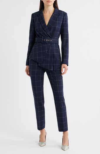 Tahari ASL Windowpane Check Belted Blazer & Pants Set