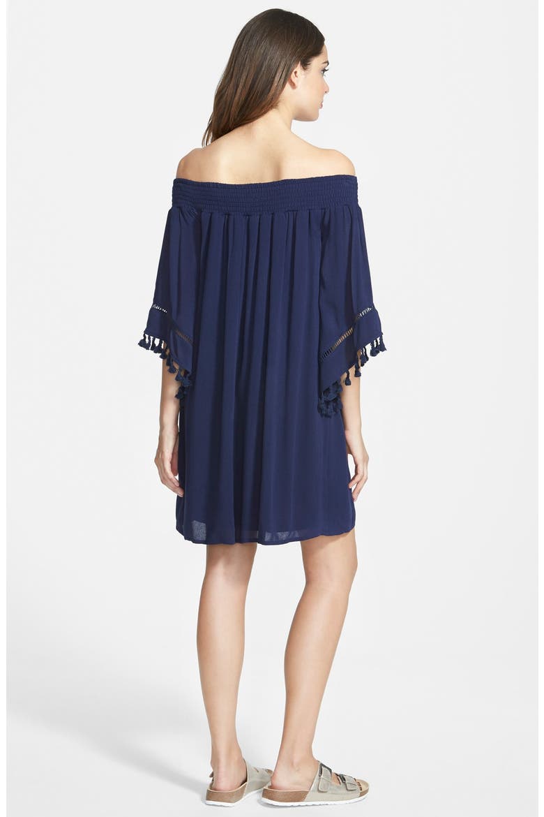 Fire Tassel Trim Off the Shoulder Dress, Alternate, color, NAVY