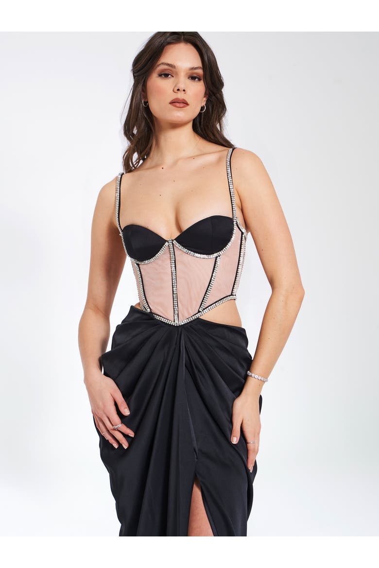 Cadence Satin Corset Evening Gown, Alternate, color, Black
