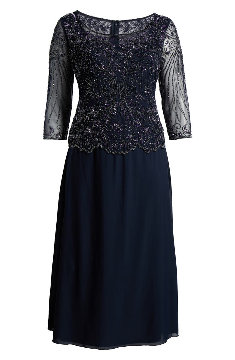 Pisarro Nights Beaded Mesh Mock Two-Piece Gown, Alternate, color, Navy 410