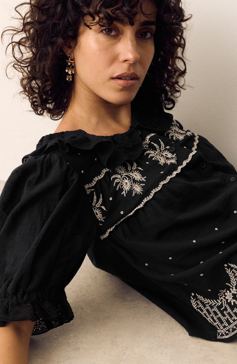 PER UNA BY M&S Embroidered Lace Collar Top, Alternate, color, Black/ Multi