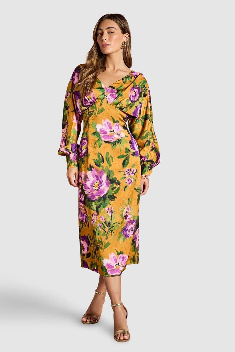 Printed Satin Cowl Back Maxi Dress, Main, color, Chartreuse