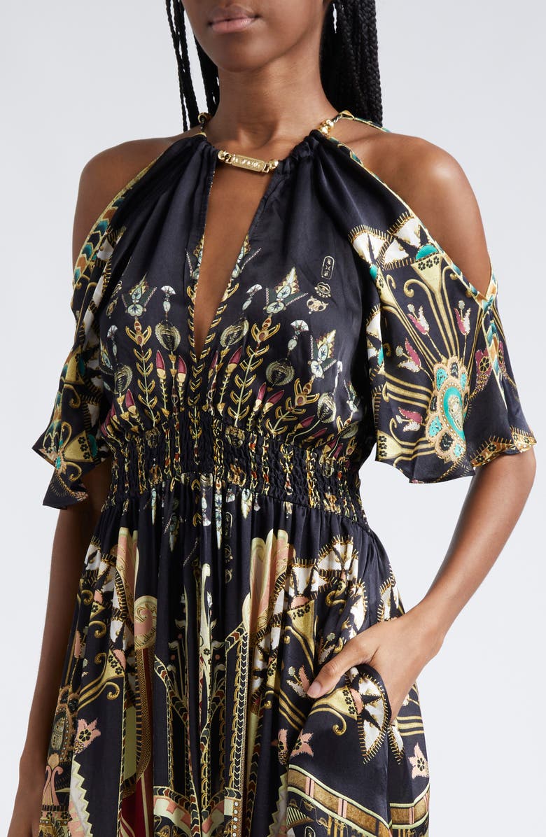 Camilla They Called Her Nefertari Chain Detail Flutter Sleeve Silk Dress, Alternate, color, 