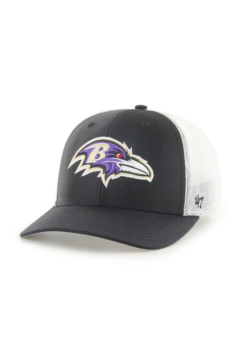 Men's '47 Black/White Baltimore Ravens Trophy Trucker Flex Hat, Main, color, Black