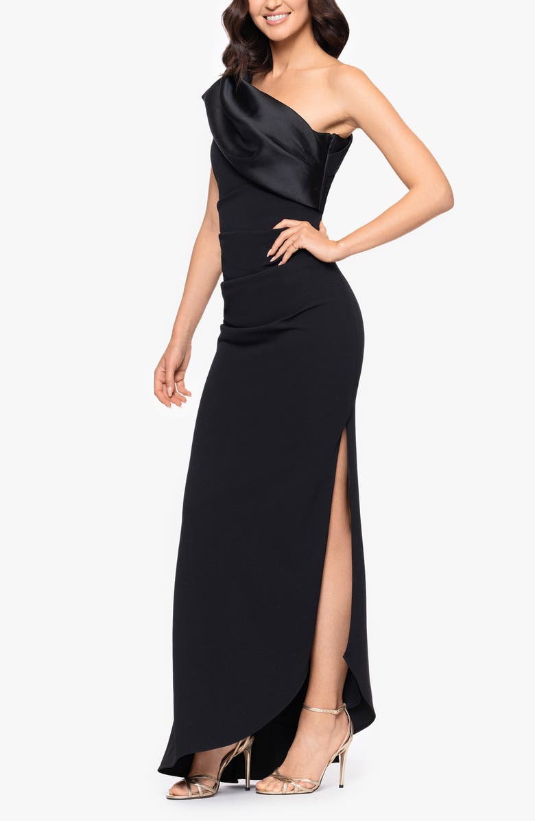 Betsy & Adam One Shoulder Mikado & Scuba Crepe Column Gown, Alternate, color, Black