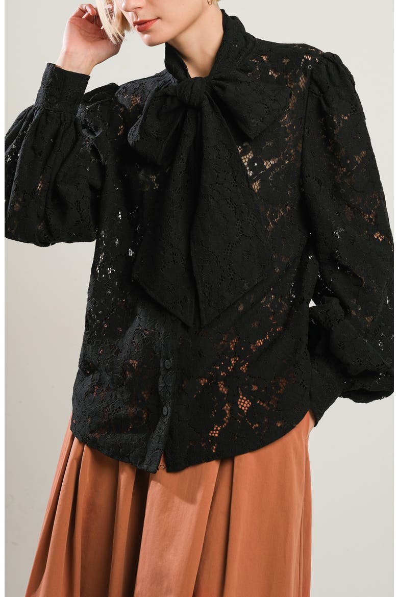 Lace Tie Neck Shirt, Main, color, BLACK