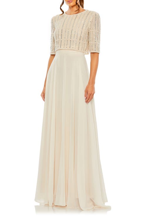Fully Beaded 3/4 Sleeves Top Chiffon Gown
