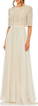 Mac Duggal Fully Beaded 3/4 Sleeves Top Chiffon Gown