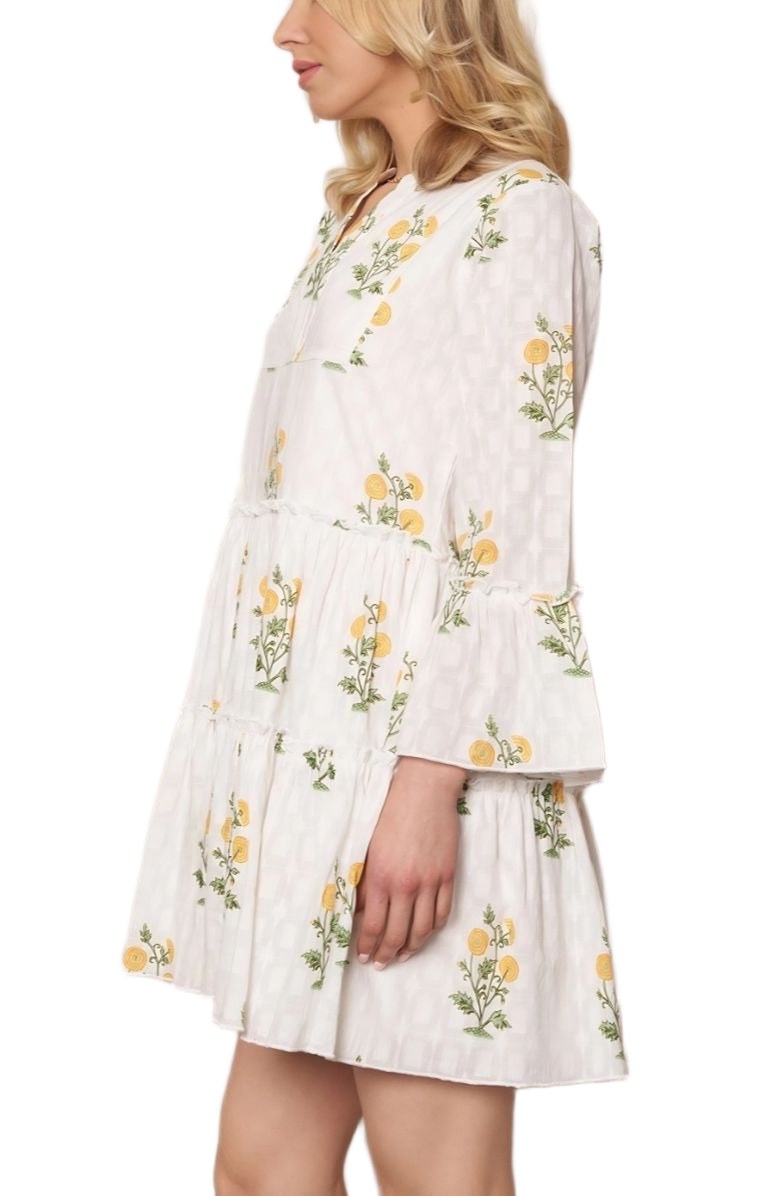Knit and Lounge Floral Embroidered Tiered Bell Sleeve Mini Dress, Alternate, color, White / Yellow Floral