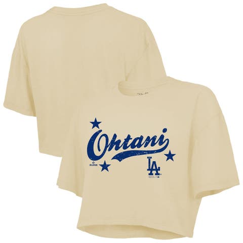 Women's Majestic Threads Shohei Ohtani Cream Los Angeles Dodgers Boxy Crop Top