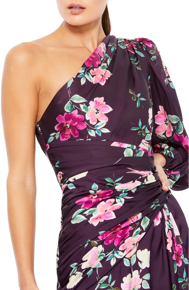 Mac Duggal Floral One-Sleeve Charmeuse Gown with Slit, Alternate, color, Plum Floral
