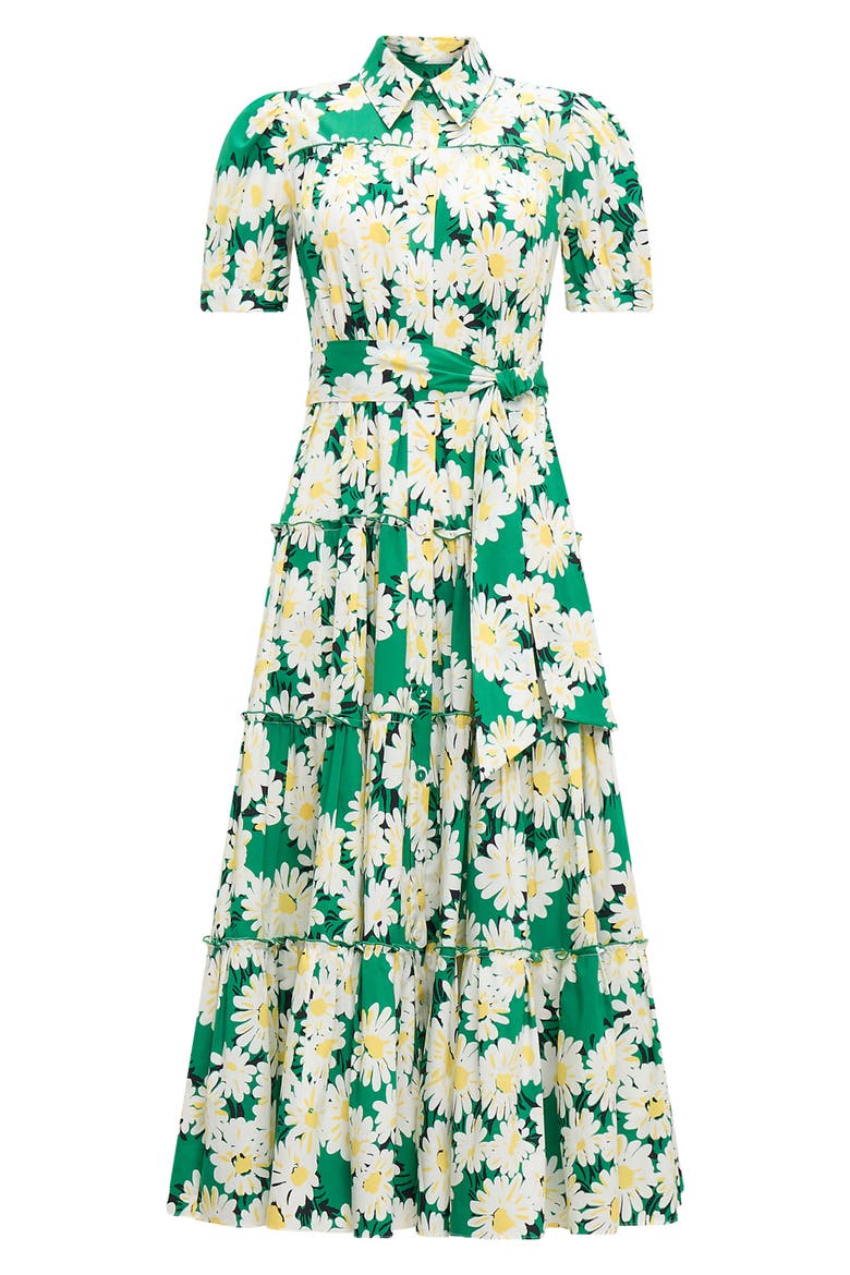 Queena Tie Belt Stretch Cotton Midi Dress, Alternate, color, VINTAGE DAISIES MED GREEN