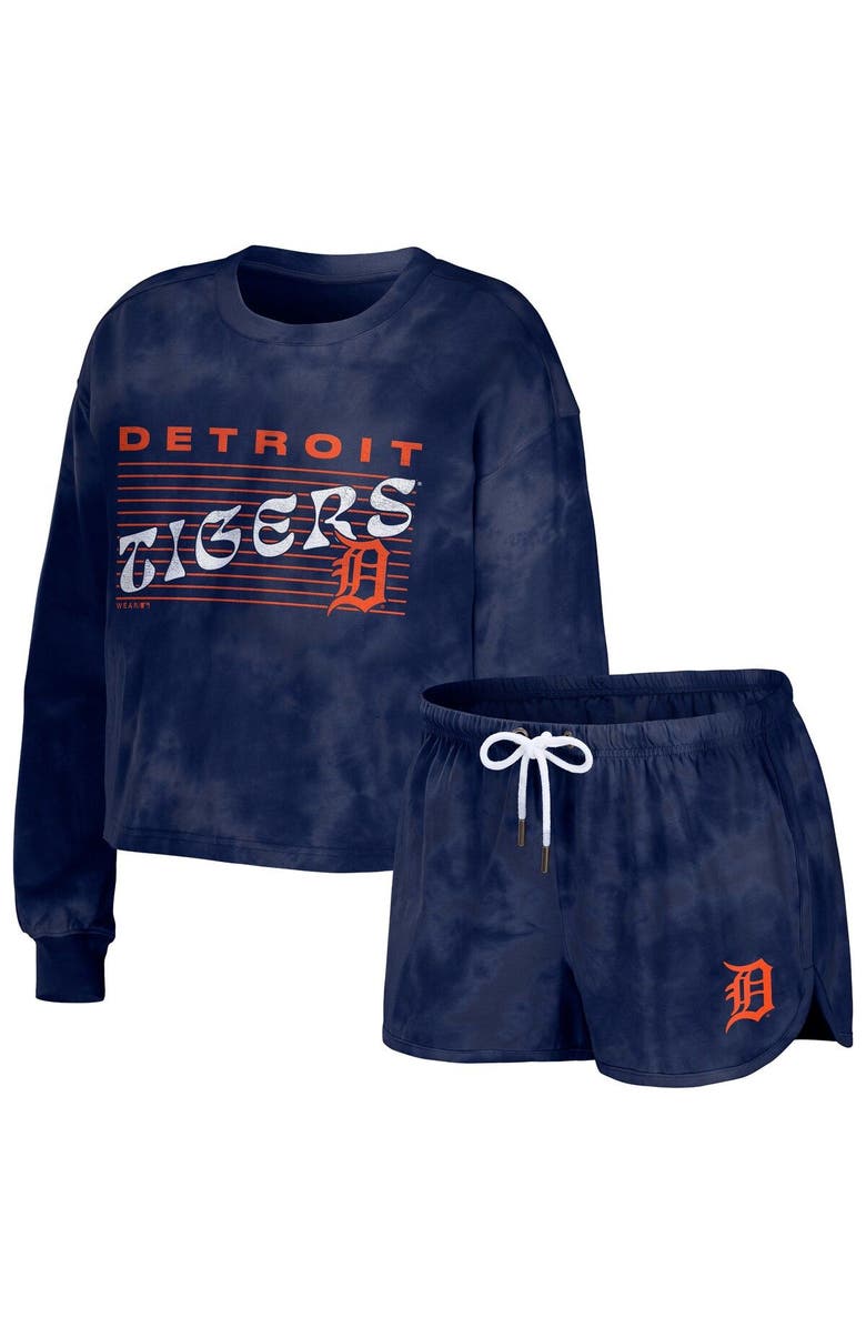 WEAR by Erin Andrews Women's WEAR by Erin Andrews Navy Detroit Tigers Tie-Dye Cropped Pullover Sweatshirt & Shorts Lounge Set, Main, color, Navy