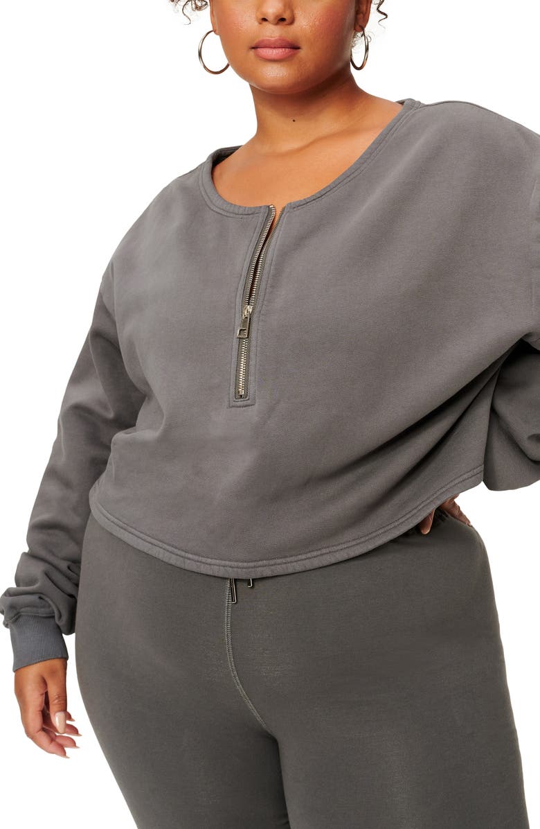 Good American Collarless Half Zip Sweatshirt, Alternate, color, Shadow001