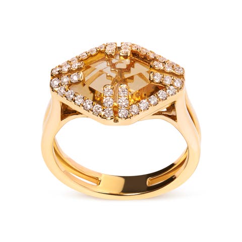 14K Gold Citrine & 1/3 Cttw Diamond Halo Cocktail Ring