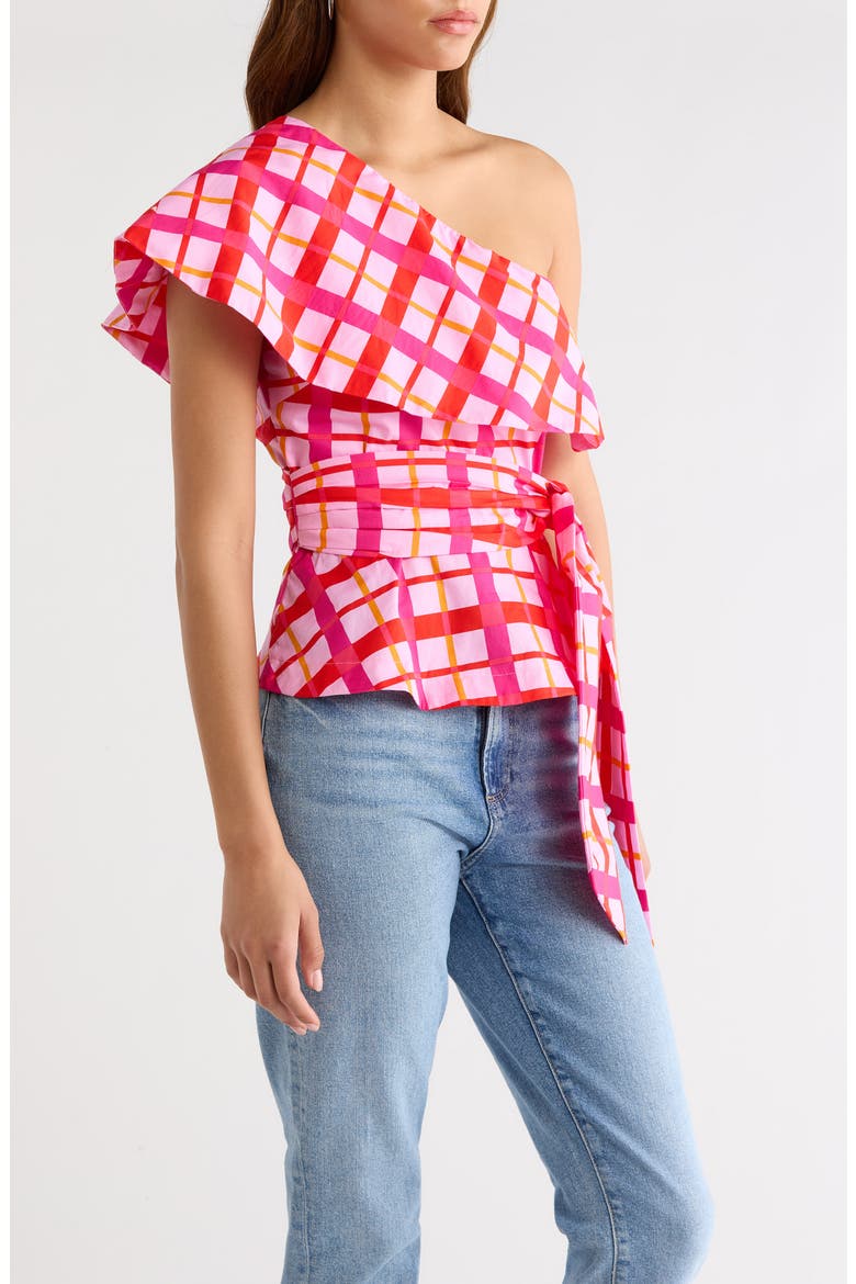 Darvy Plaid One-Shoulder Cotton Top, Alternate, color, PINKS-ORANGE
