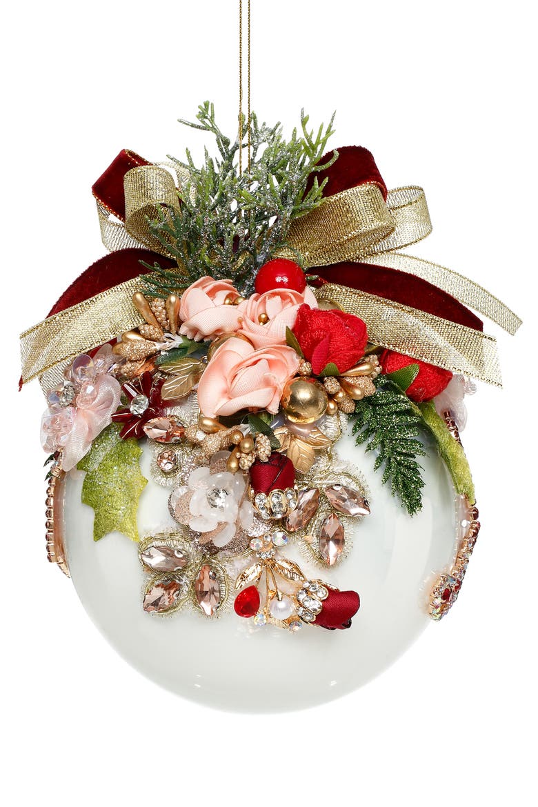 Floral Jeweled Ball Ornament, White, Main, color, White