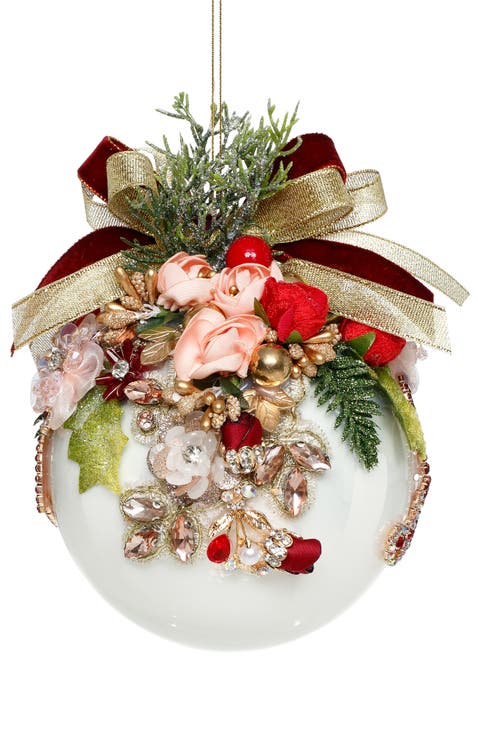 Floral Jeweled Ball Ornament, White