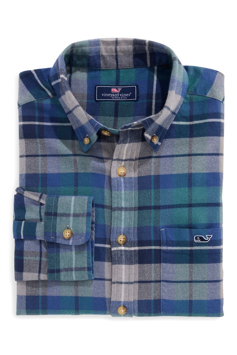Plaid Stretch Cotton Flannel Shirt, Main, color, TRADEWINDS