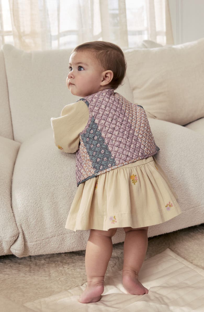 NEXT Quilted Vest & Embroidered Long Sleeve Dress Set, Alternate, color, Neutral