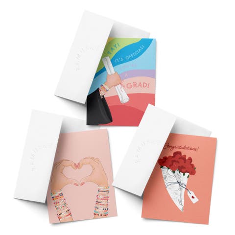 Celebration/Graduation Greeting Card Pack Sets (3 ct, Assorted) Rainbow Graduation, Friendship Bracelets, Congrats Roses