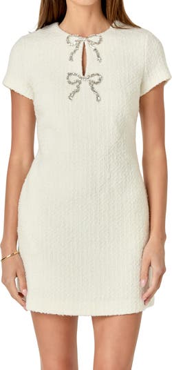 English Factory Rhinestone Bow Tweed Minidress | Nordstrom