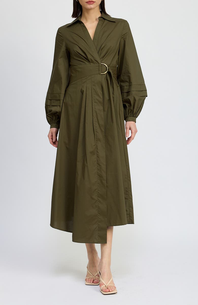 En Saison Berenger Long Sleeve Wrap Cotton Shirtdress, Main, color, Olive