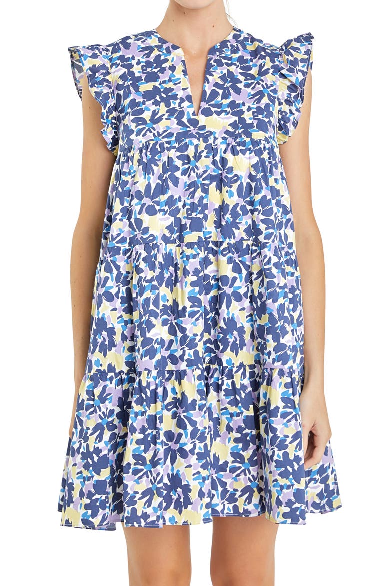 Floral Ruffle Cap Sleeve Babydoll Minidress, Alternate, color, BLUE MULTI