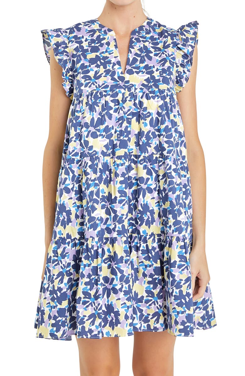 English Factory Floral Ruffle Cap Sleeve Babydoll Minidress, Alternate, color, Blue Multi