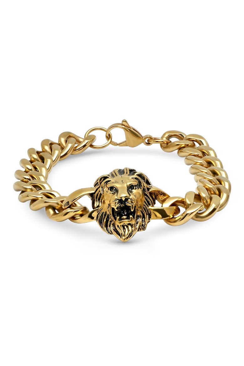 18K Gold Plated Stainless Steel Lion Head Bracelet, Main, color, YELLOW