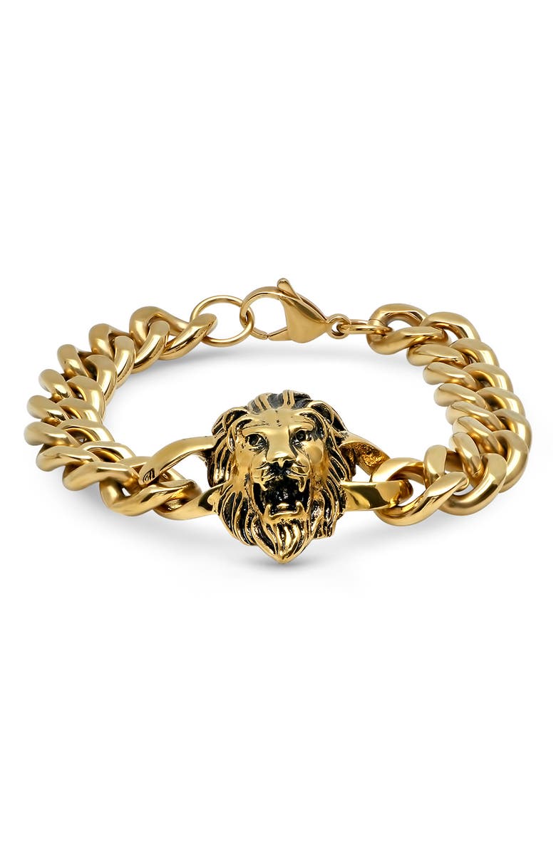HMY JEWELRY 18K Gold Plated Stainless Steel Lion Head Bracelet, Main, color, Yellow