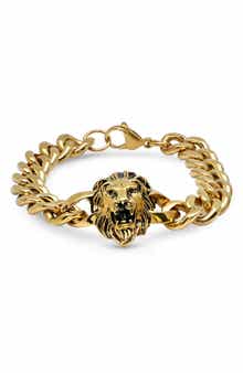 HMY JEWELRY 18K Gold Plated Stainless Steel Lion Head Bracelet
