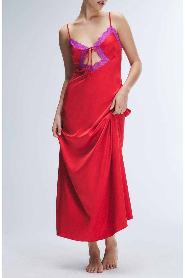 Fire & Desire Lace Trim Sleep Maxi Slip, Main, color, TIMELESS RED