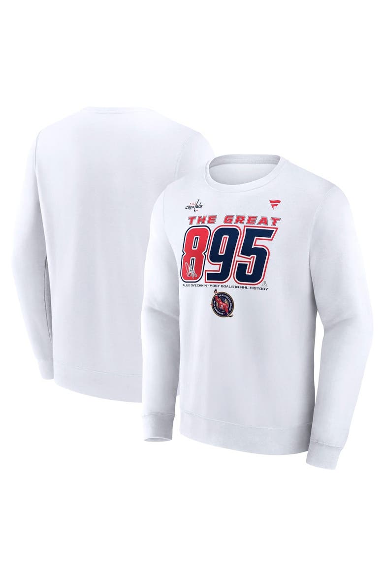Men's Fanatics Alexander Ovechkin White Washington Capitals NHL All-Time Leading Goal Scorer The Great 895 Fleece Pullover Sweatshirt, Alternate, color, White