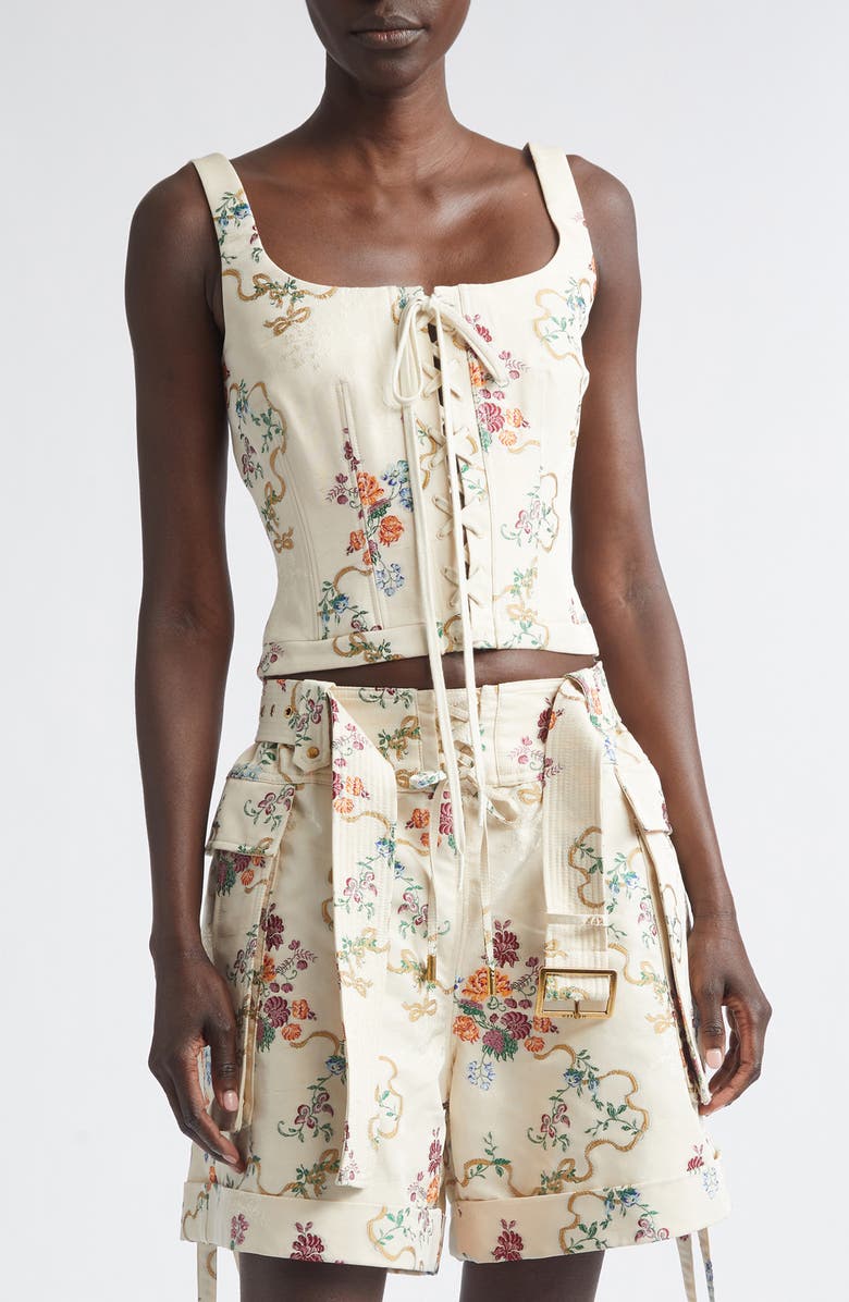 McQueen Distressed Floral Corset Top, Main, color, Ivory Multicolour