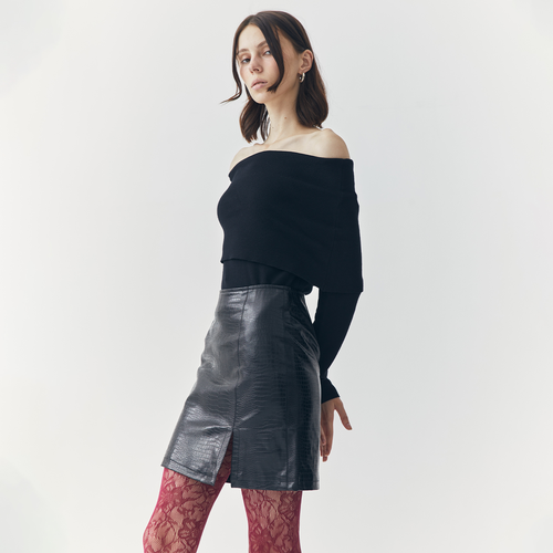 Ats Tess Croc Embossed Leather Mini Slit Skirt In Black