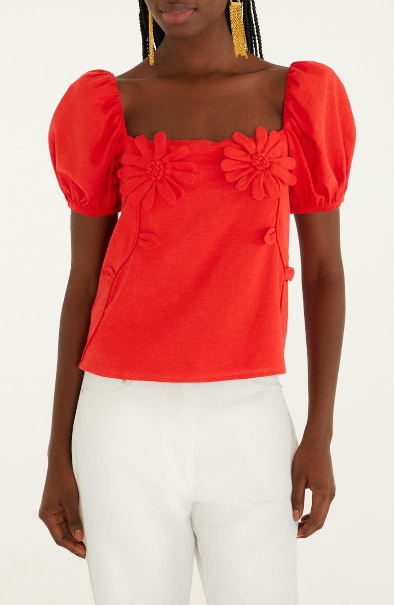 FARM Rio Floral Appliqué Linen Blend Short Sleeve Top, Main, color, Red