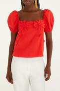 FARM Rio Floral Appliqué Linen Blend Short Sleeve Top