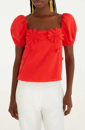 Floral Appliqué Linen Blend Short Sleeve Top