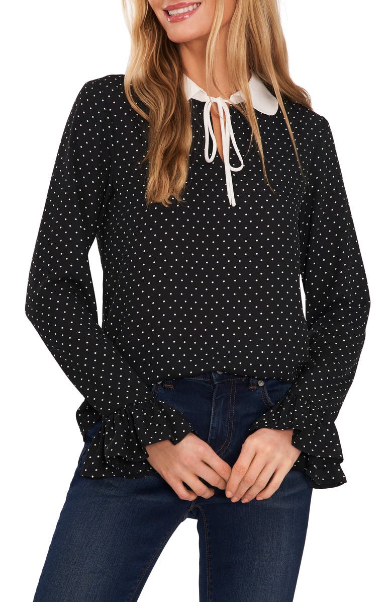 CeCe Polka Dot Tie Collar Ruffle Cuff Blouse, Main, color, 