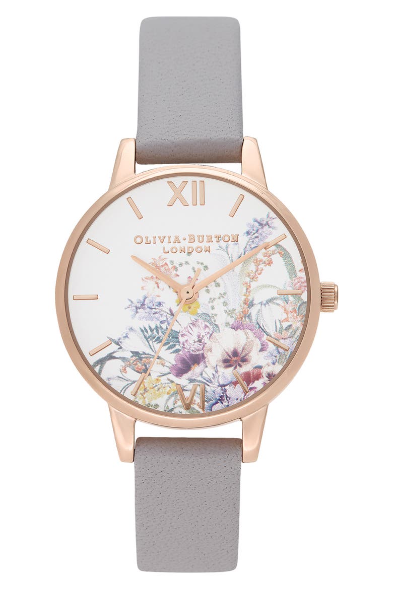 Enchanted Garden Leather Strap Watch, 30mm, Main, color, LILAC/ WHITE FLORAL/ ROSE GOLD