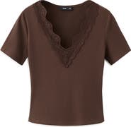 MANGO Lace Trim Rib Knit Crop Top