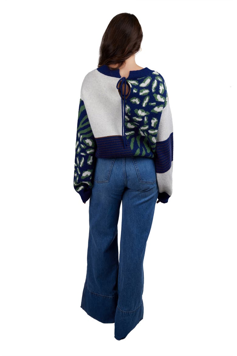 Leopard Patchwork Knit Cardigan Sweater, Alternate, color, NAVY
