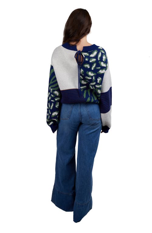 Saachi Leopard Patchwork Knit Cardigan Sweater In Navy