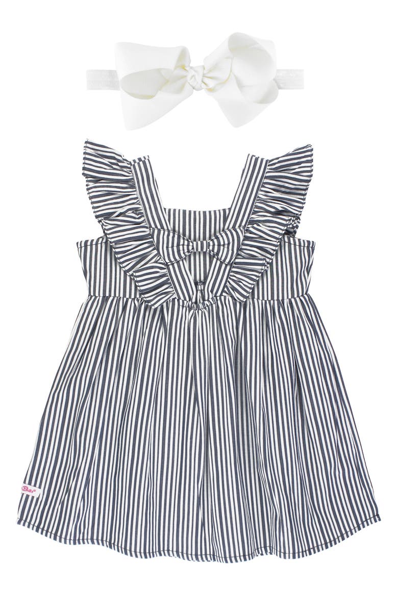 RuffleButts Navy Stripe Flutter Sleeve Dress & Bow Head Wrap Set, Alternate, color, 